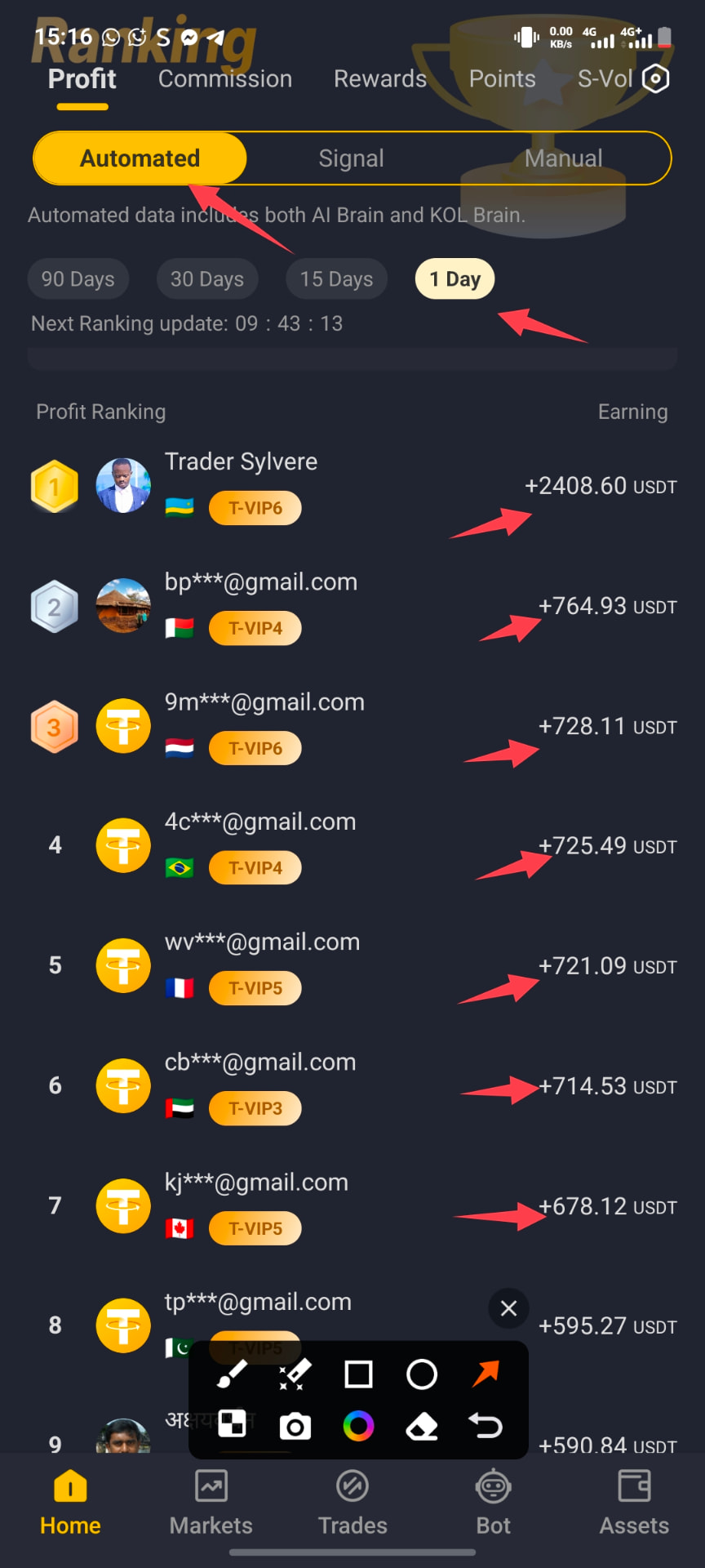 UTrading global partner daily profit ranking screenshot