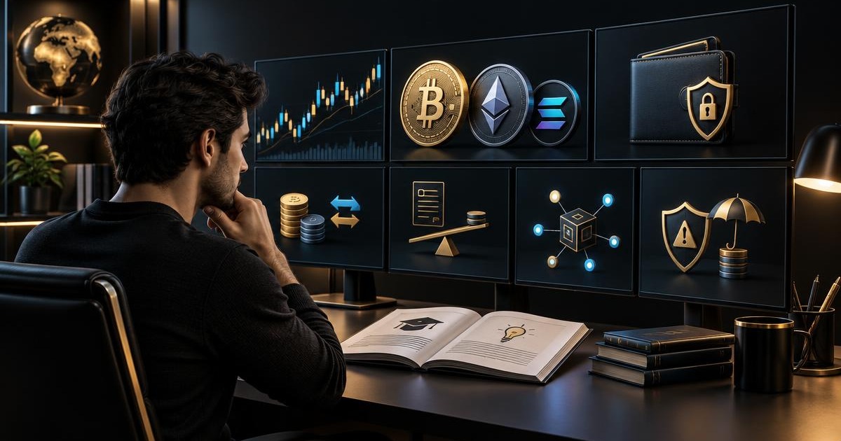 Beginner studying cryptocurrency trading, wallets, automation and risk management