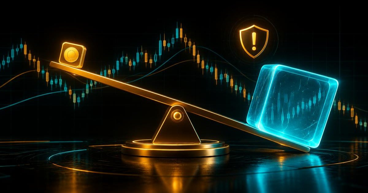 Gold lever balancing a small margin block against a larger cyan position block on a dark trading chart